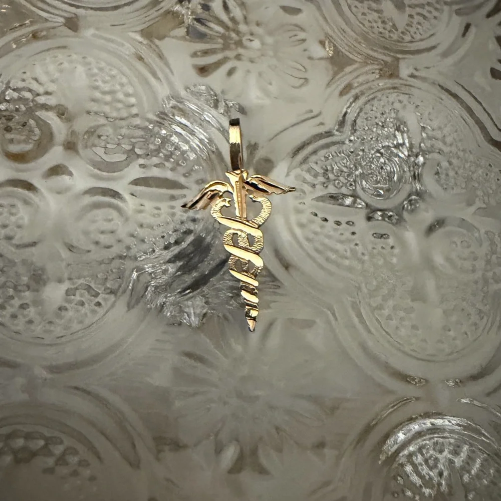 14kt solid yellow Gold Caduceus Staff of Hermes Pendant Charm Greek Mythology - Picture 2 of 5